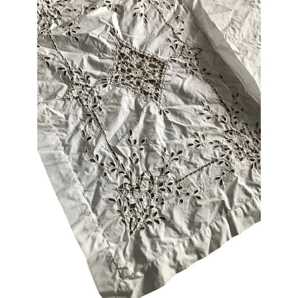 Vintage Hand Embroidered Pillowcase White Cut Work 28” x 18”